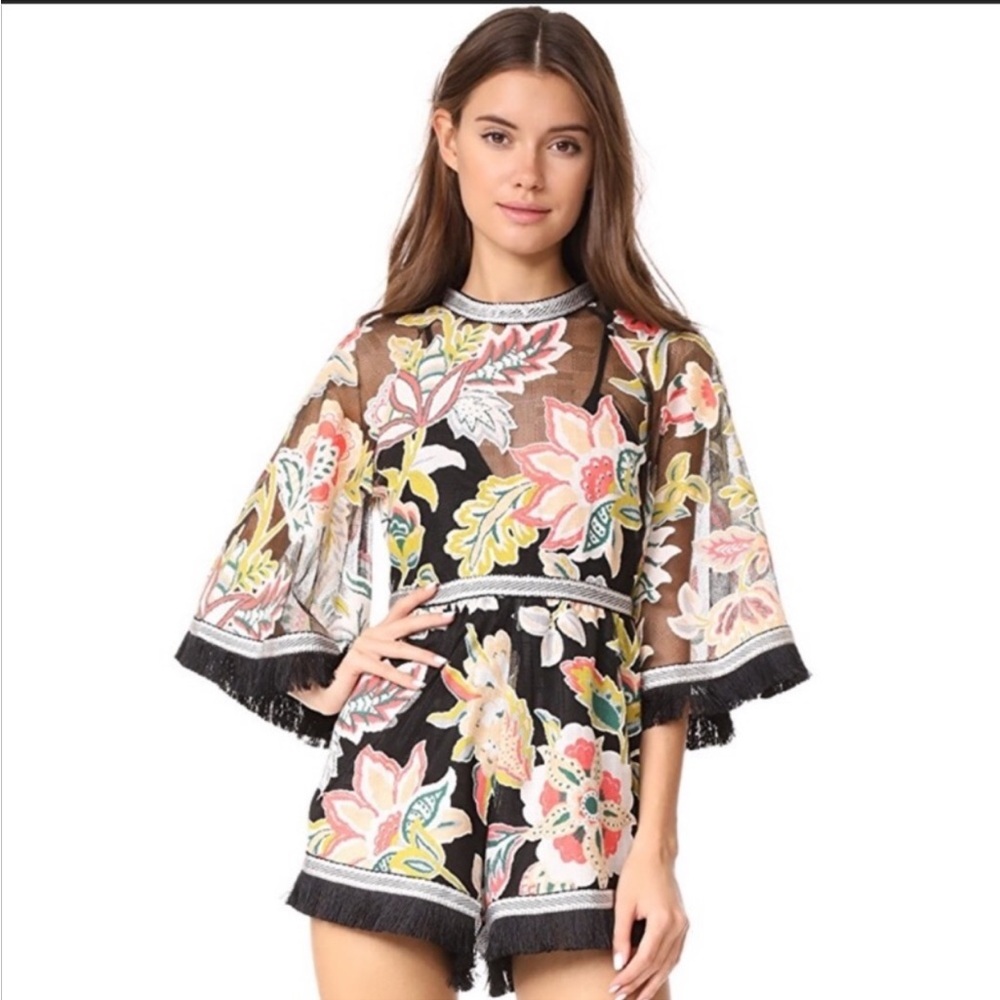 Alice McCall Black Floral Embroidered Sheer Romper with Fringe